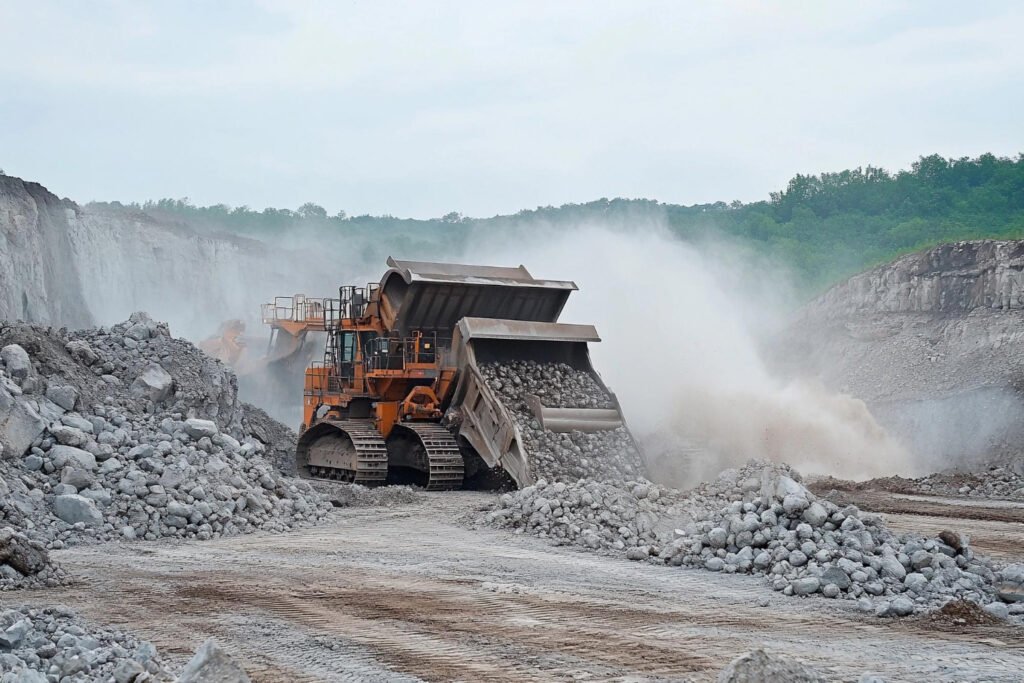 A massive mining dump truck unloading rocks in a quarry, with dust rising from the site.